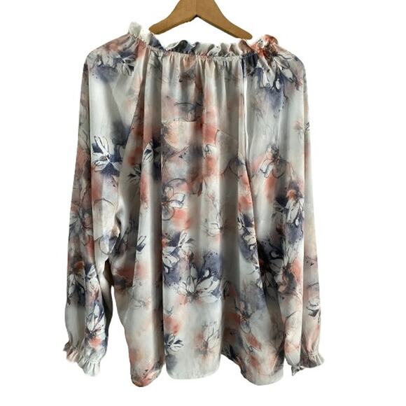 Bua Bua Floral Print V Neck Ruffle Long Sleeve Sheer Blouse Top Plus Size XXL - Picture 2 of 8